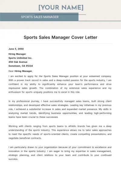 Free Sports Sales Manager Cover Letter to Edit Online