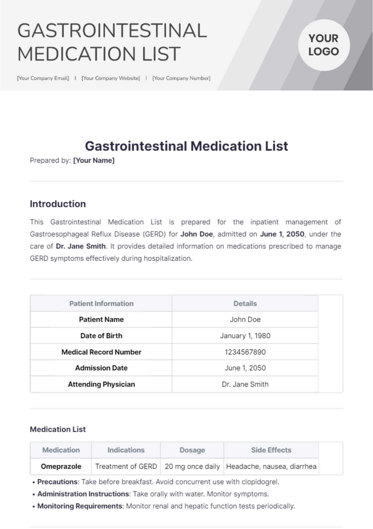 Gastrointestinal Medication List Template