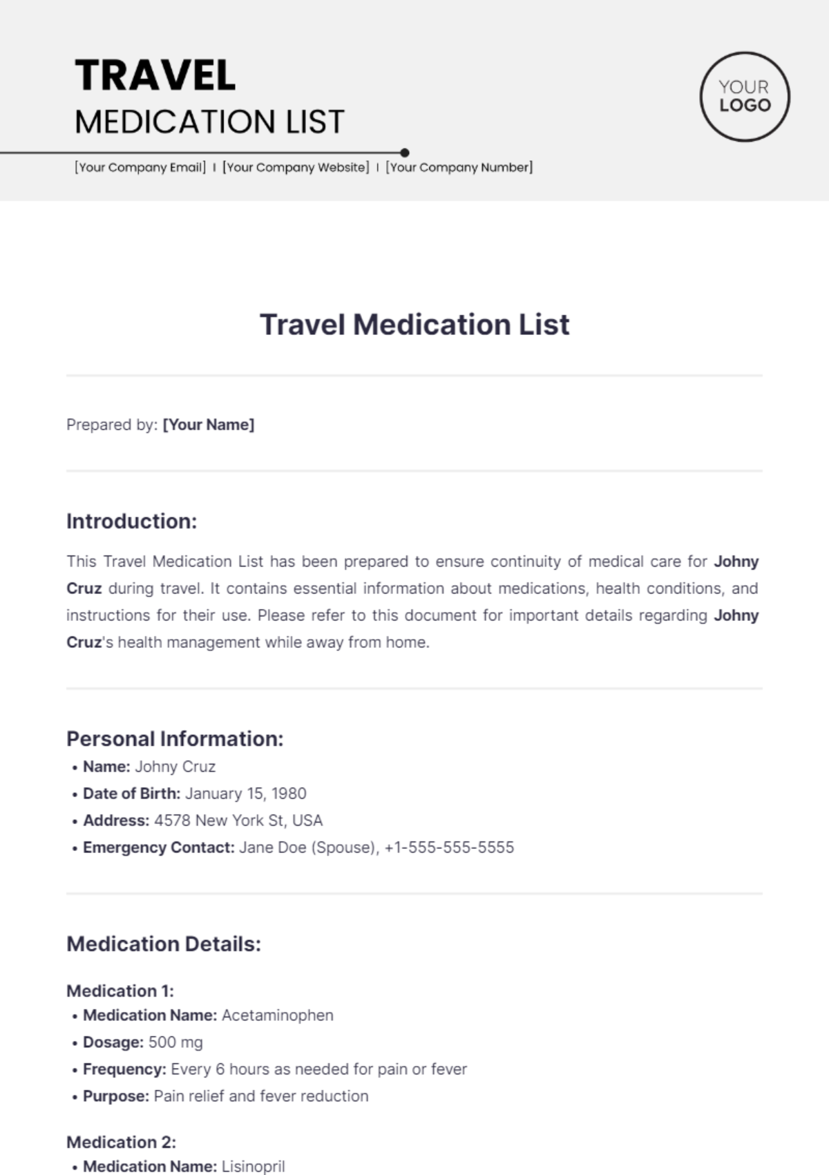 Travel Medication List Template