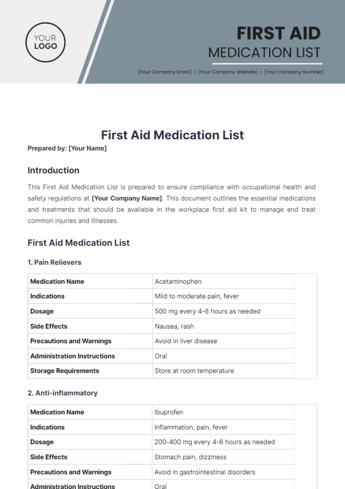 First Aid Medication List Template