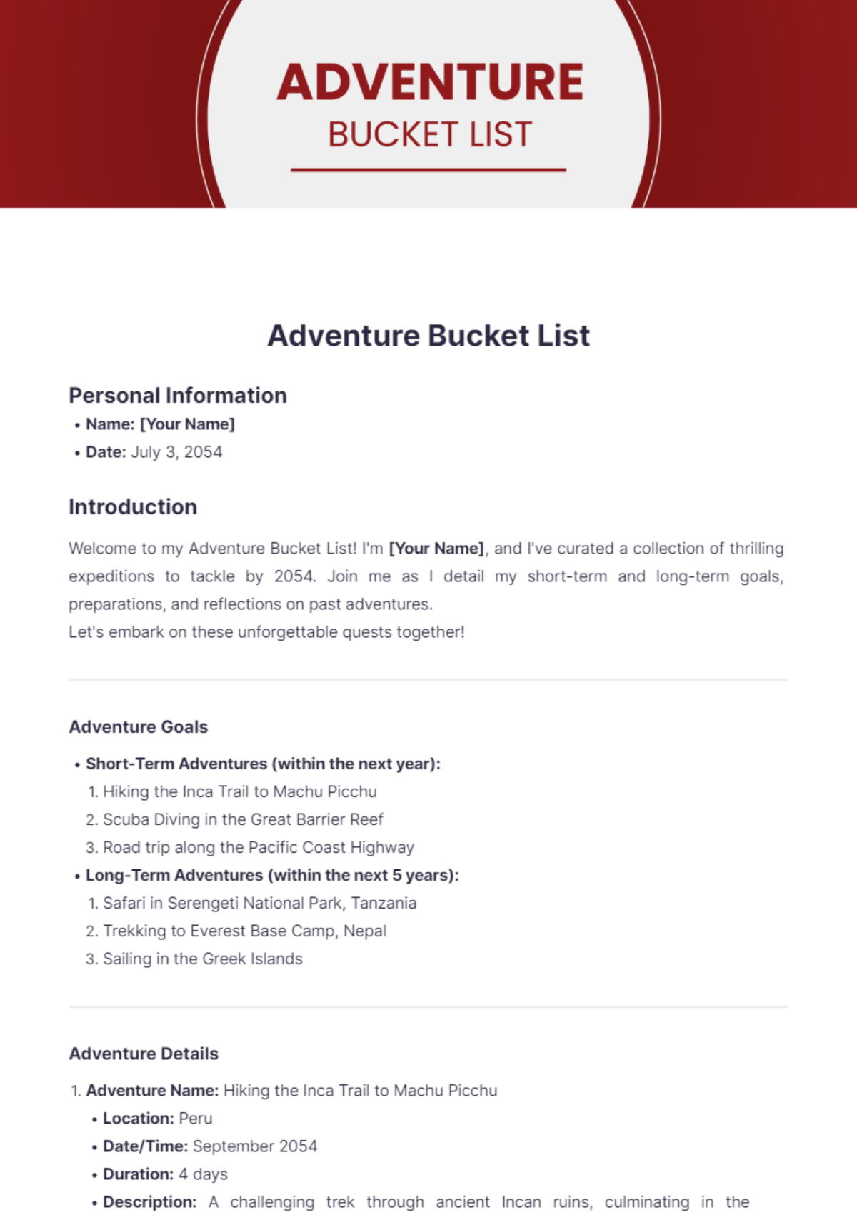 Adventure Bucket List Template