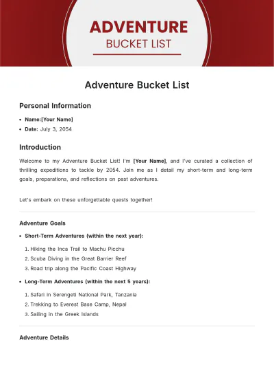 Free Adventure Bucket List Template to Edit Online