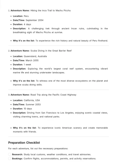Free Adventure Bucket List Template to Edit Online