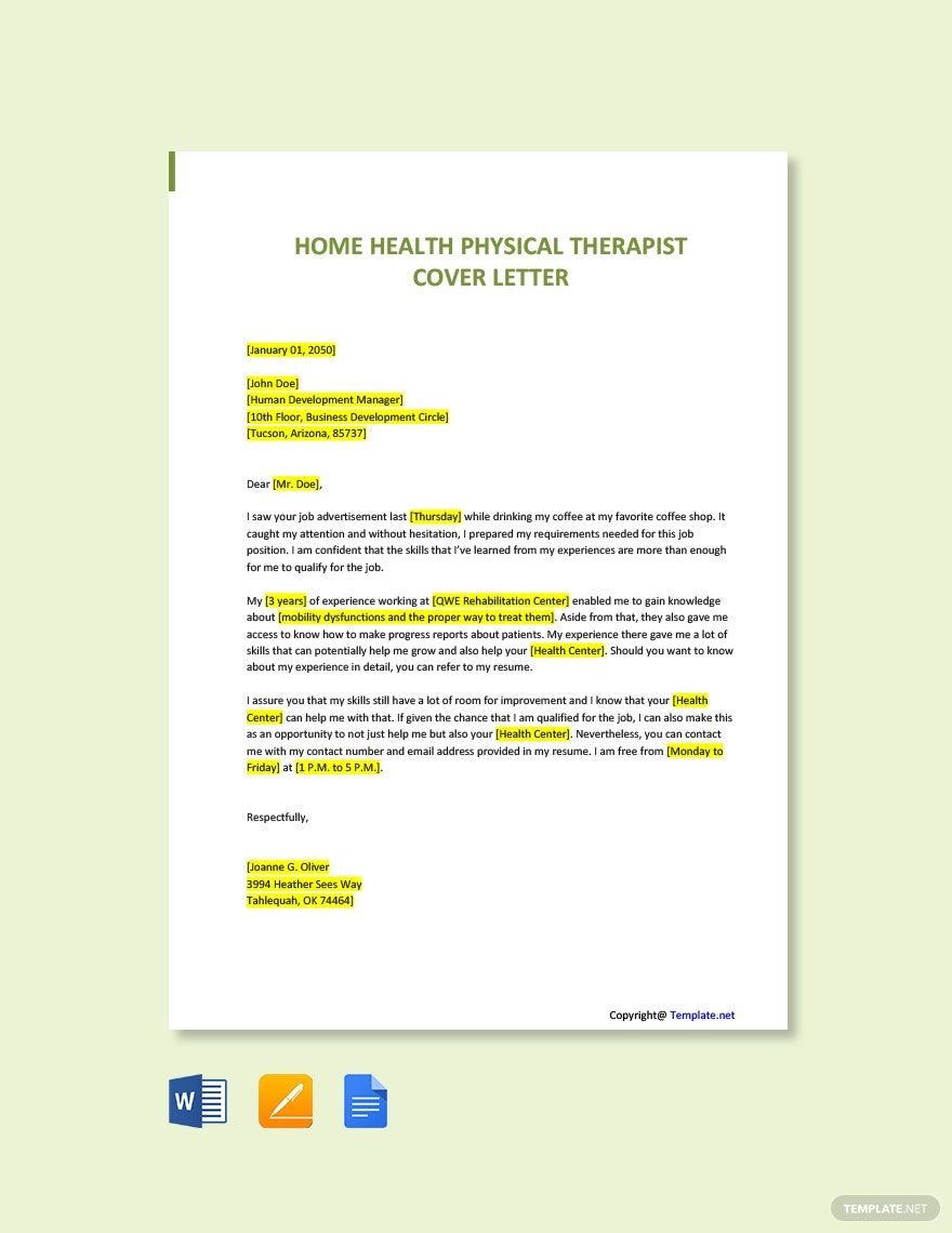 Home Health Physical Therapist Cover Letter Template