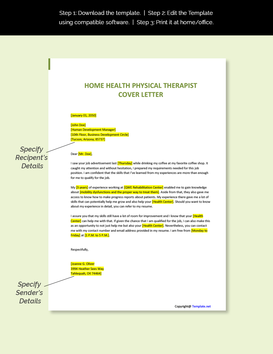Home Health Physical Therapist Cover Letter Template