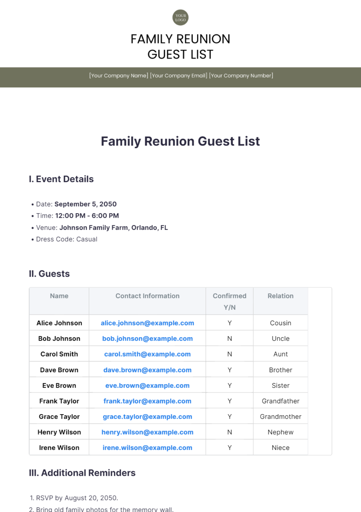 Family Reunion Guest List Template - Edit Online & Download