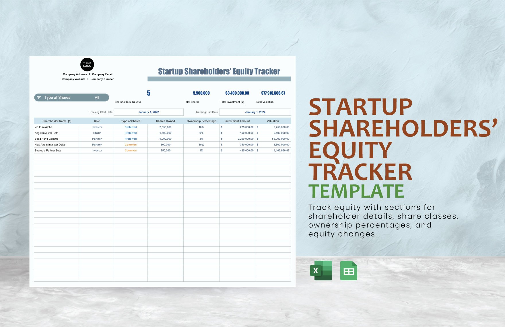 Startup Shareholders' Equity Tracker Template in Excel, Google Sheets