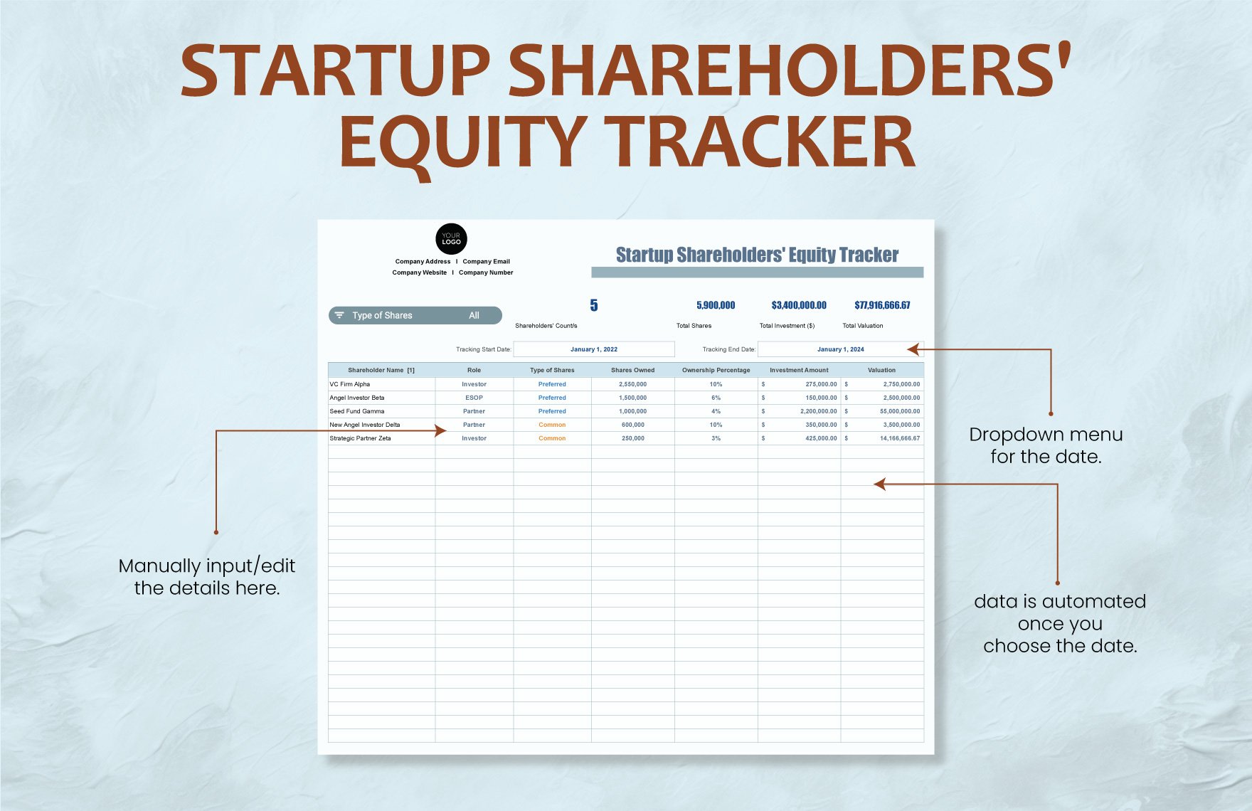 Startup Shareholders' Equity Tracker Template