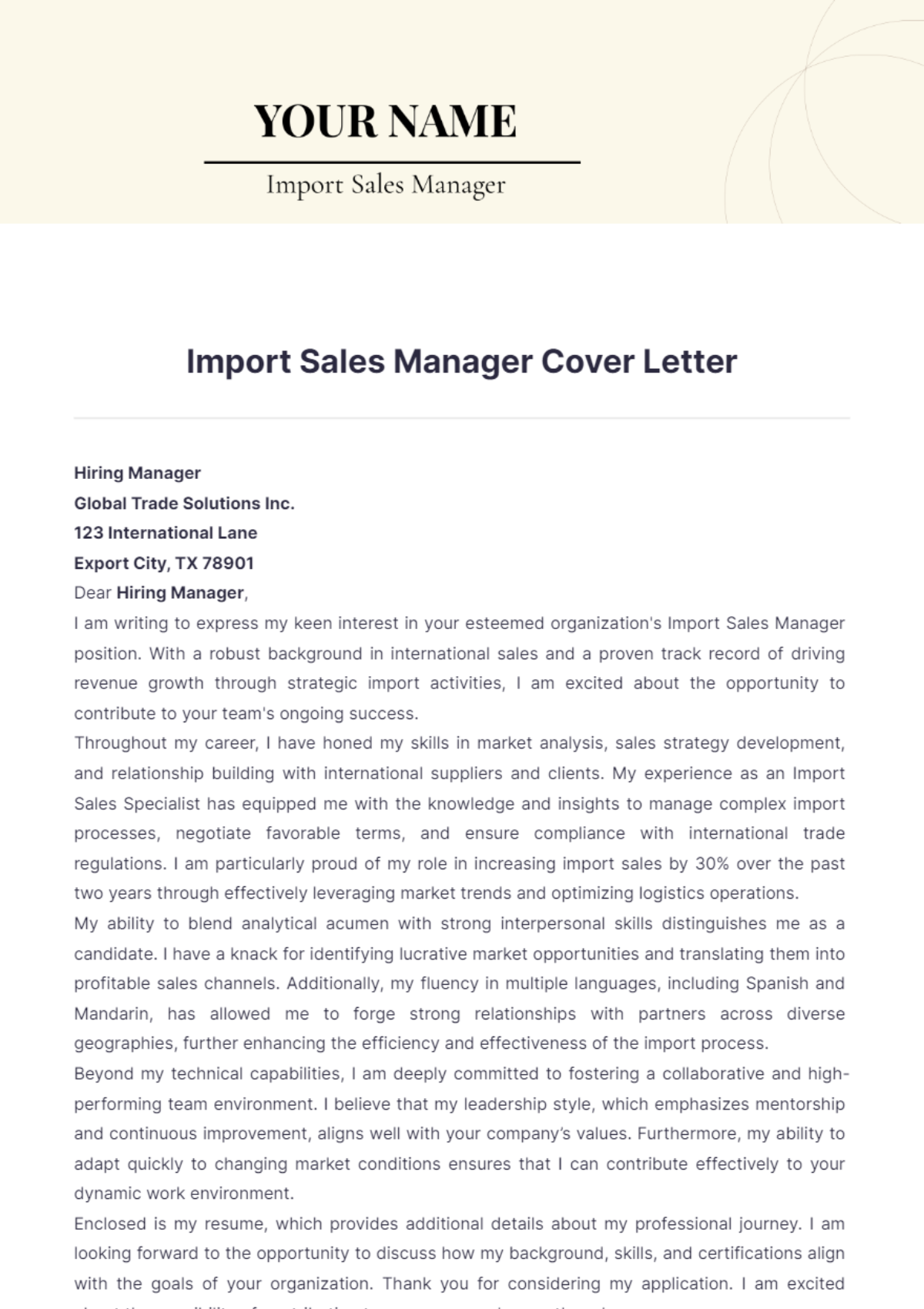 Import Sales Manager Cover Letter - Edit Online & Download