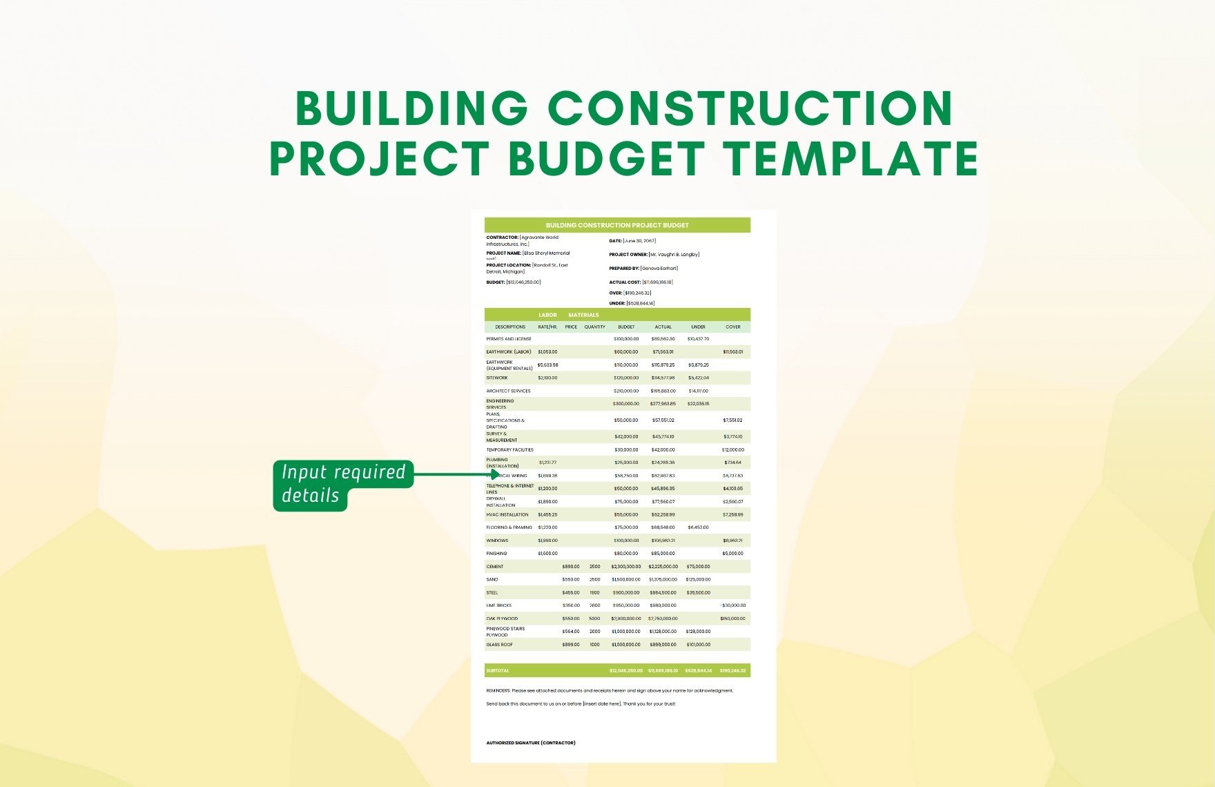 Building Construction Project Budget Template