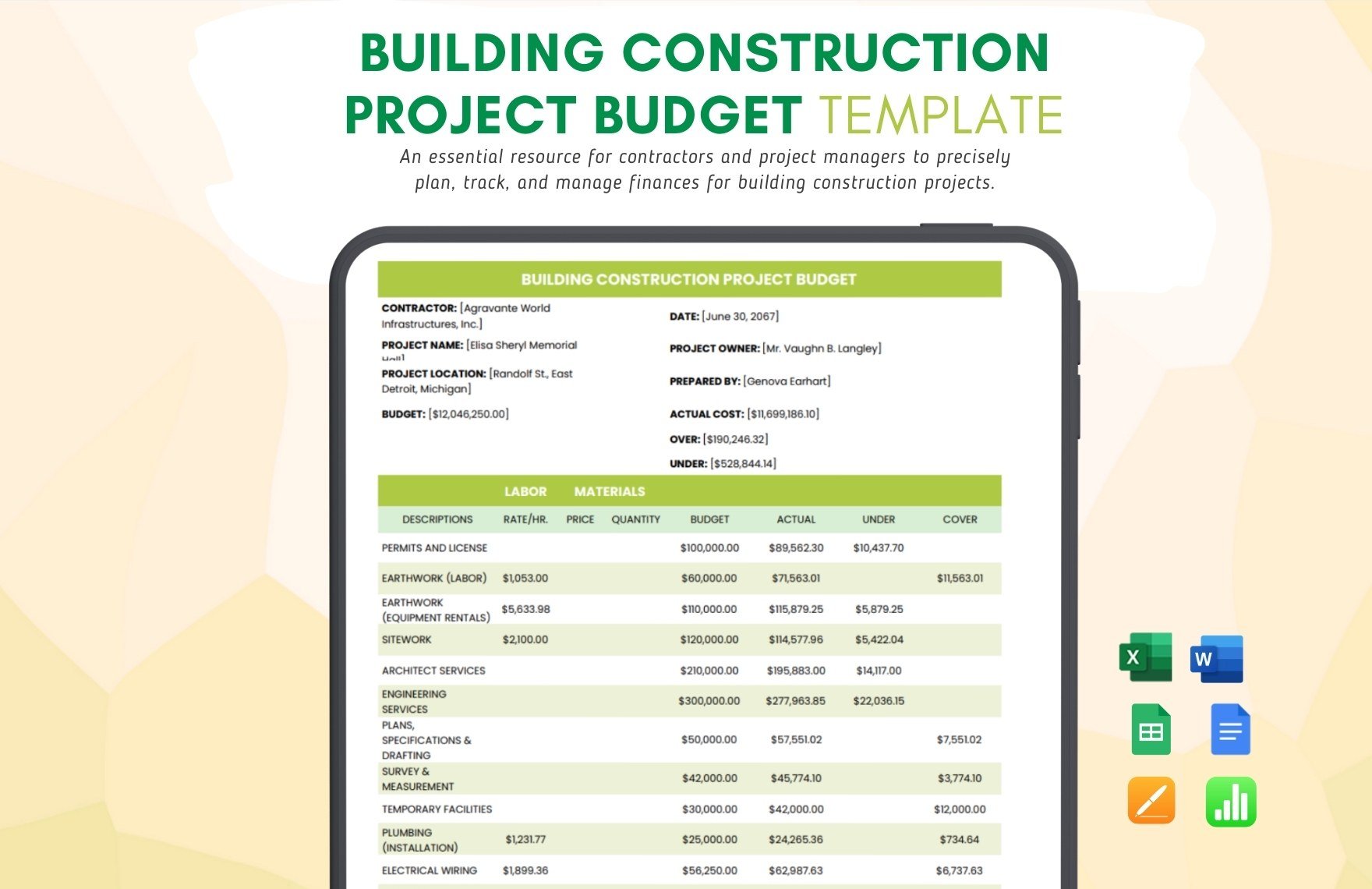 Building Construction Project Budget Template in Word, Google Docs, Excel, Google Sheets, Apple Pages, Apple Numbers