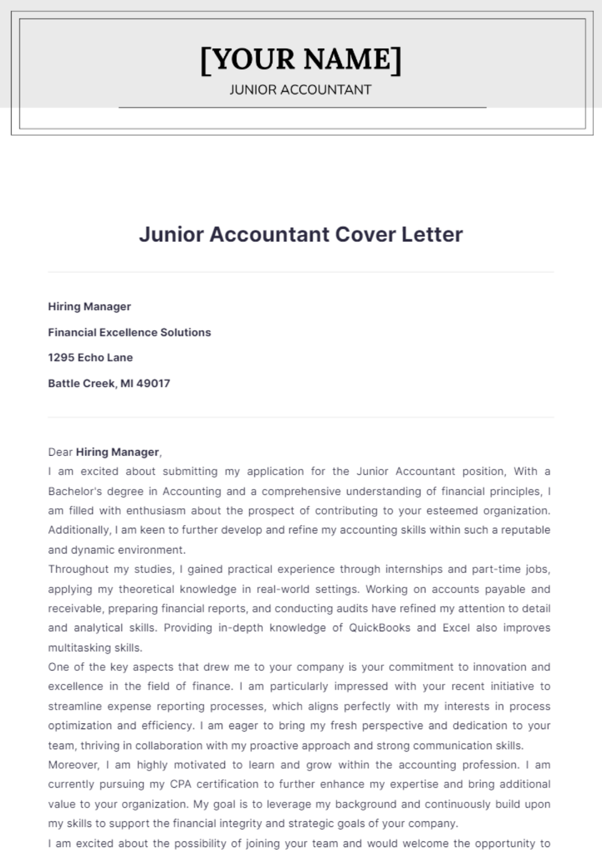 Junior Accountant Cover Letter