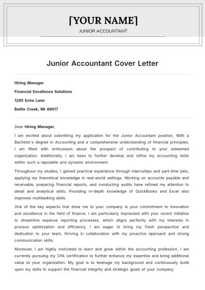 Free Junior Accountant Cover Letter to Edit Online