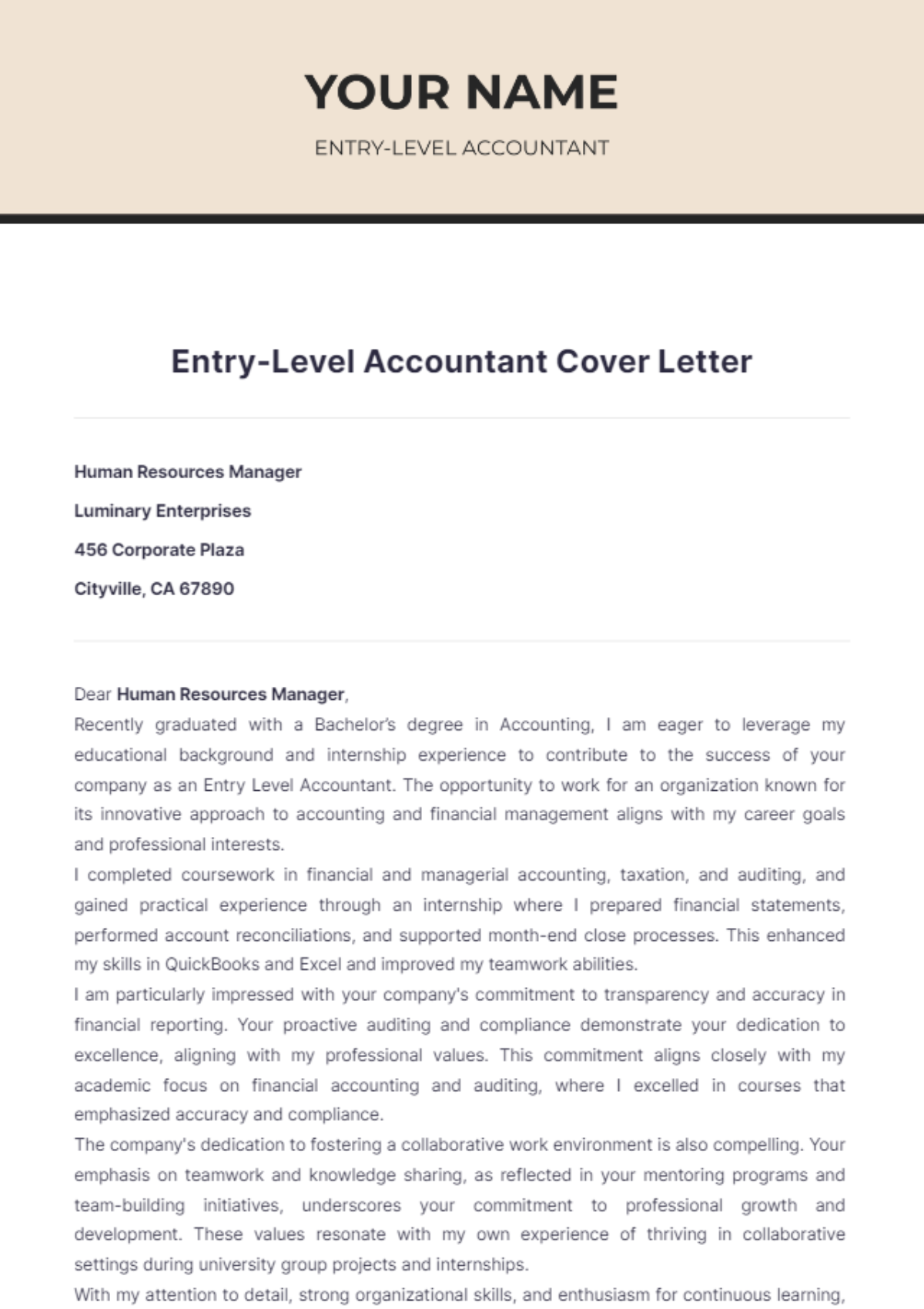 Entry Level Accountant Cover Letter - Edit Online & Download