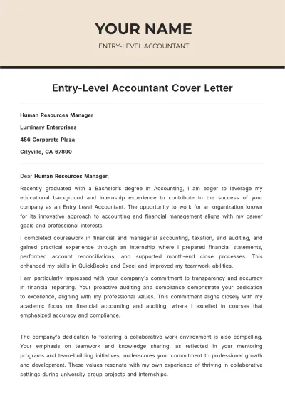 Free Entry Level Accountant Cover Letter to Edit Online