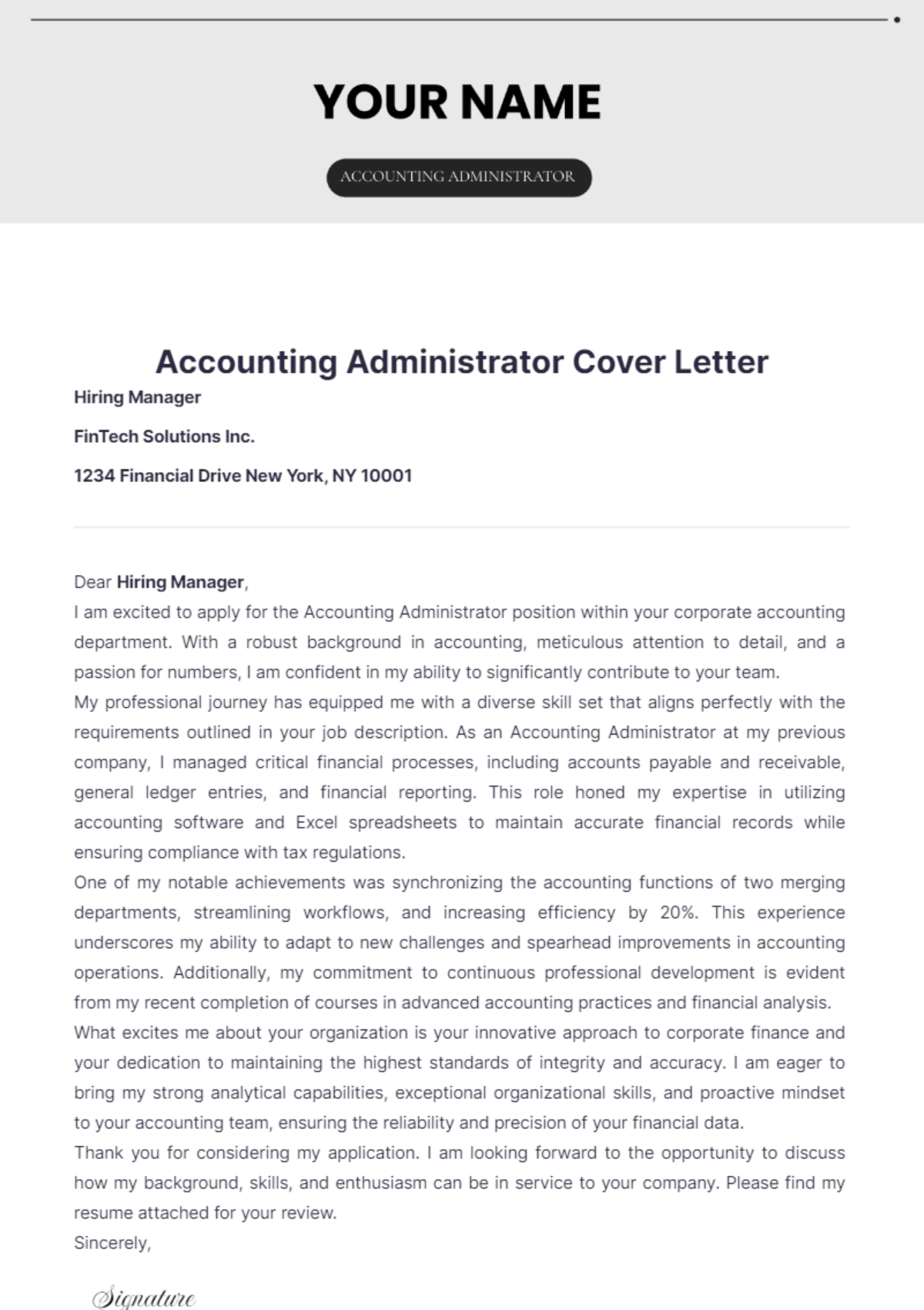 Accounting Administrator Cover Letter - Edit Online & Download