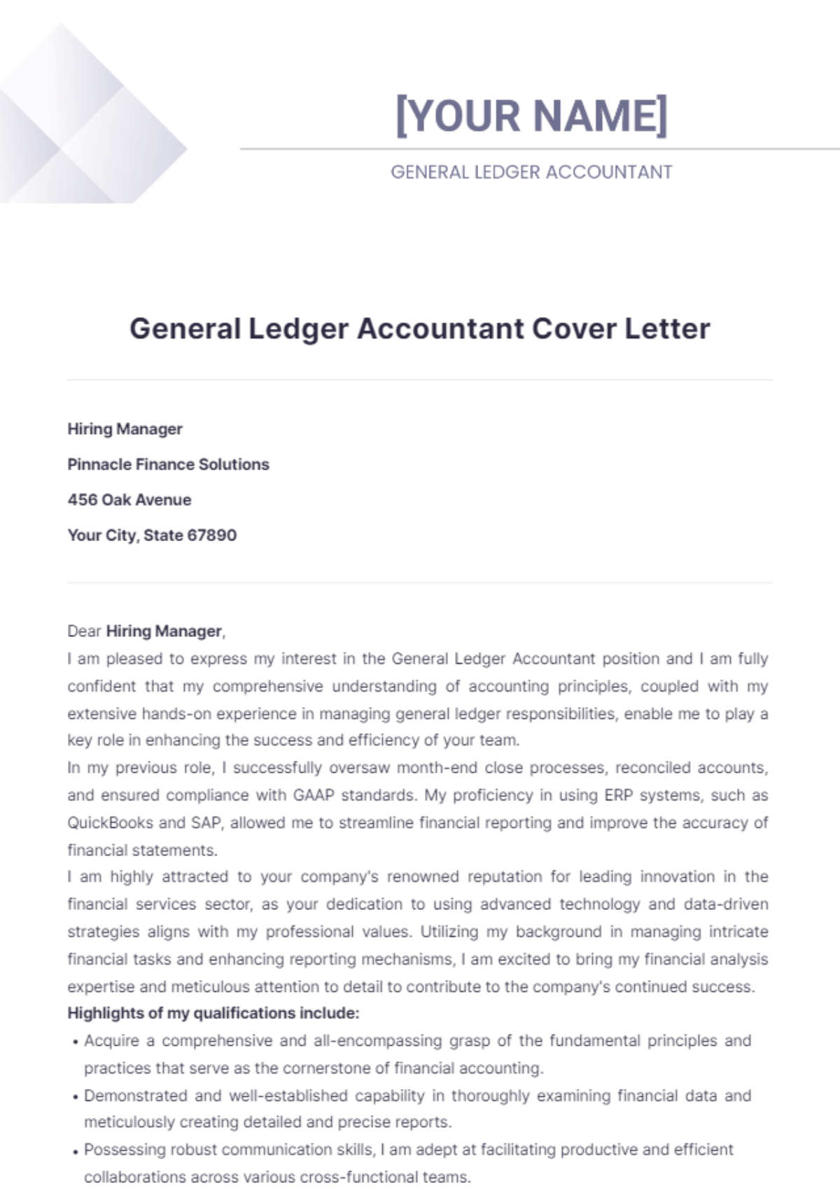 General Ledger Accountant Cover Letter - Edit Online & Download