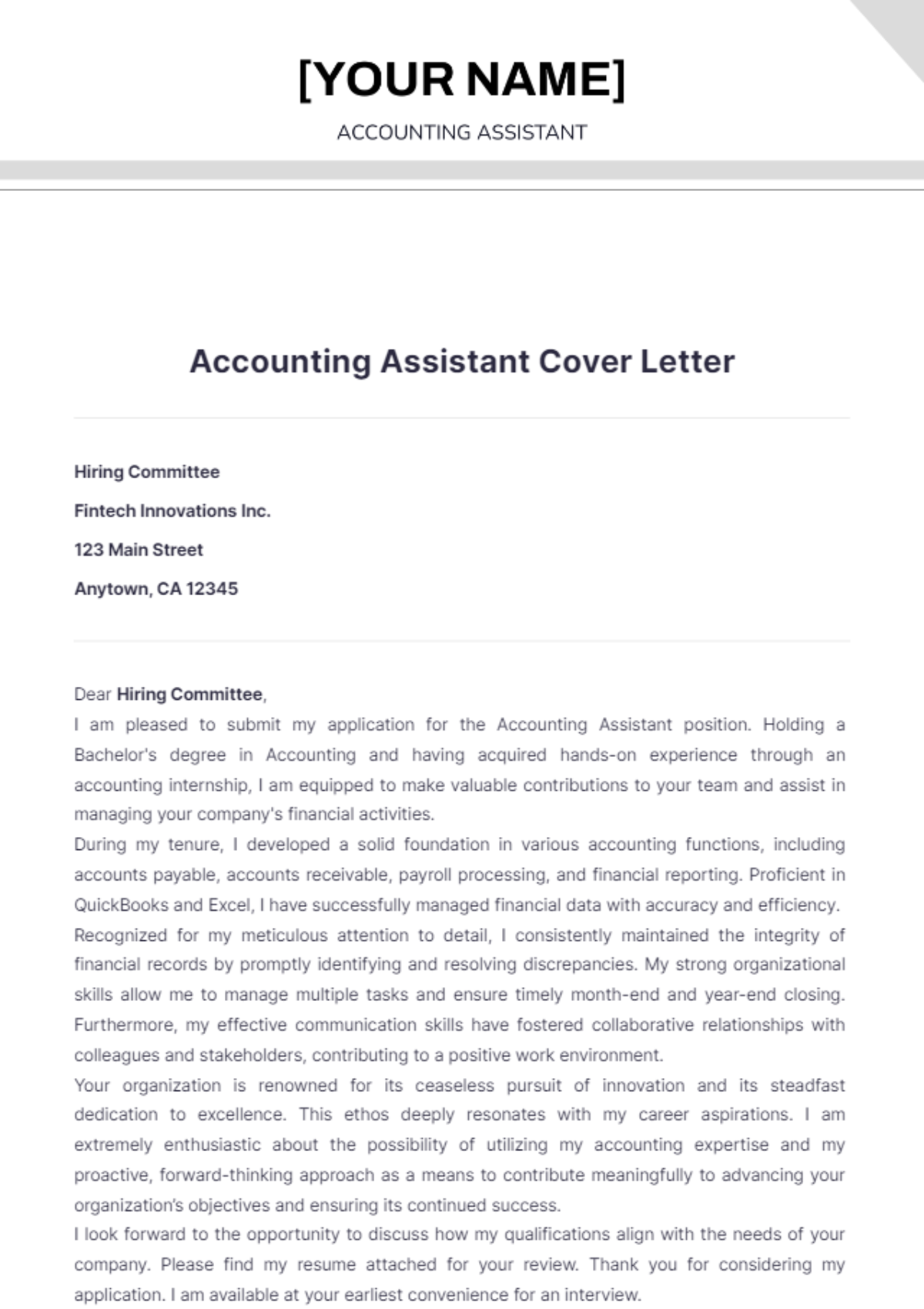 Accounting Assistant Cover Letter