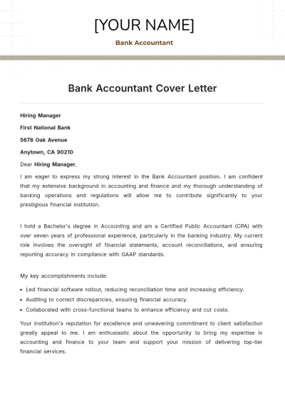 Free Bank Accountant Cover Letter to Edit Online