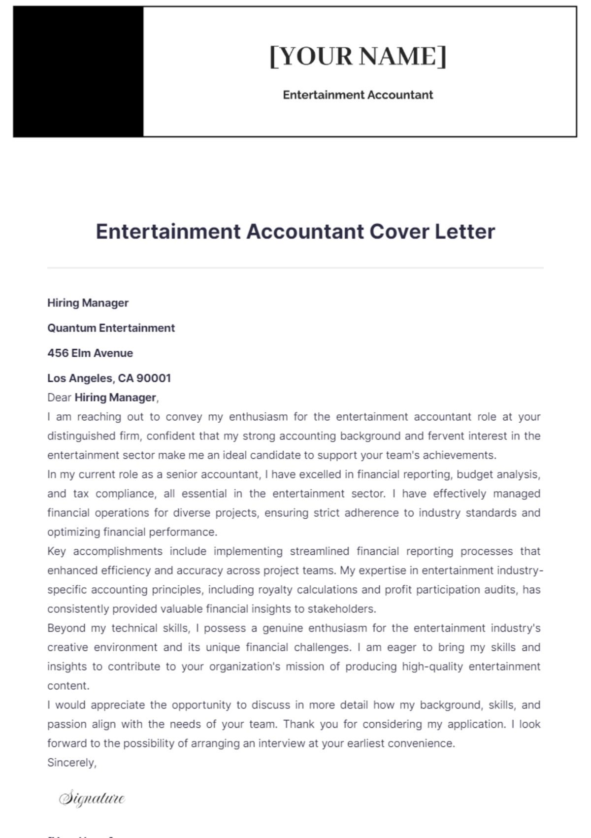 Entertainment Accountant Cover Letter