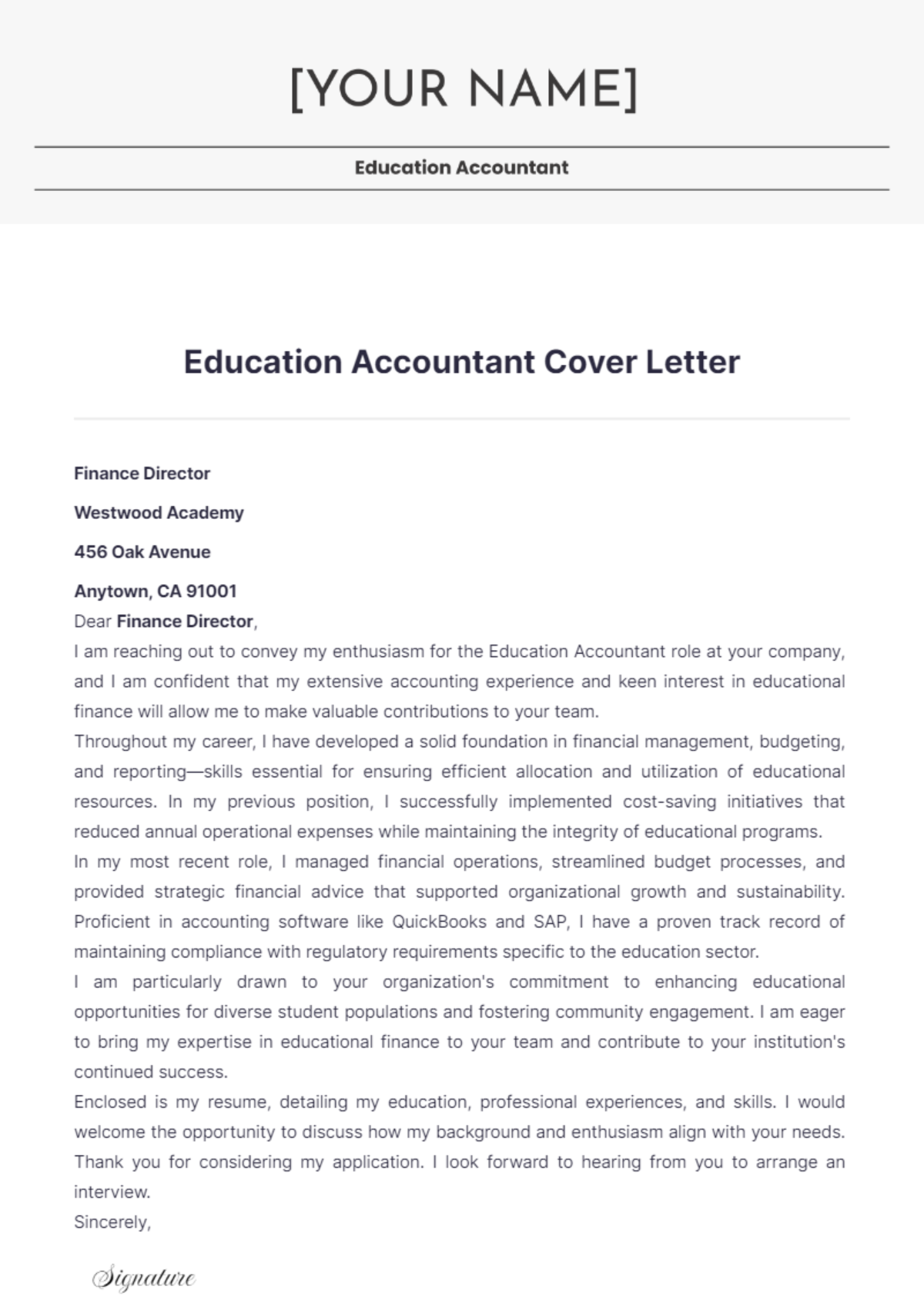 Education Accountant Cover Letter