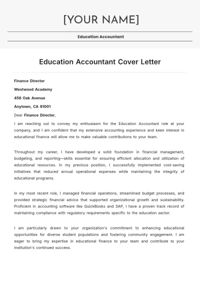 Free Education Accountant Cover Letter to Edit Online