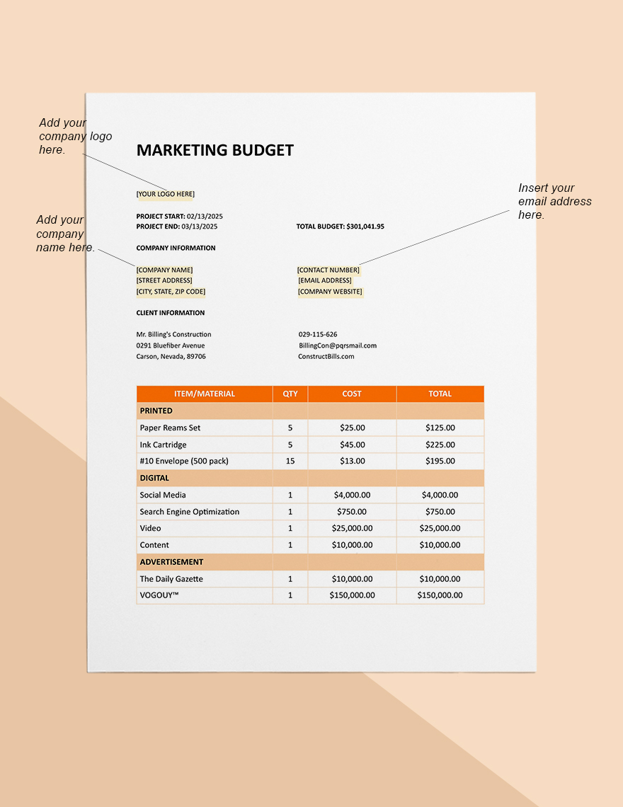Marketing Construction Project Budget Sample