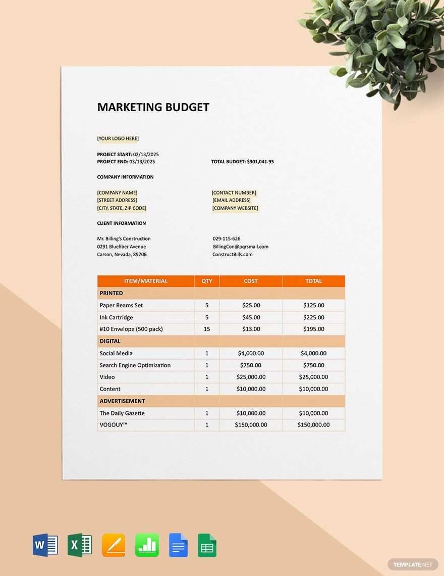 Construction Marketing Project Budget Template