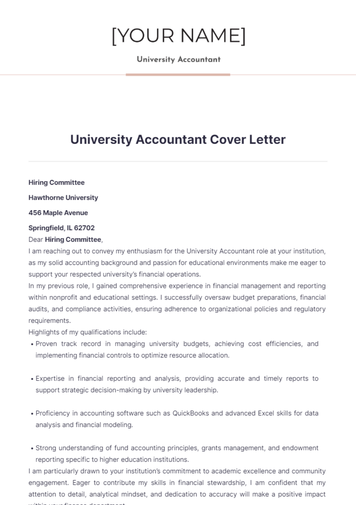 University Accountant Cover Letter