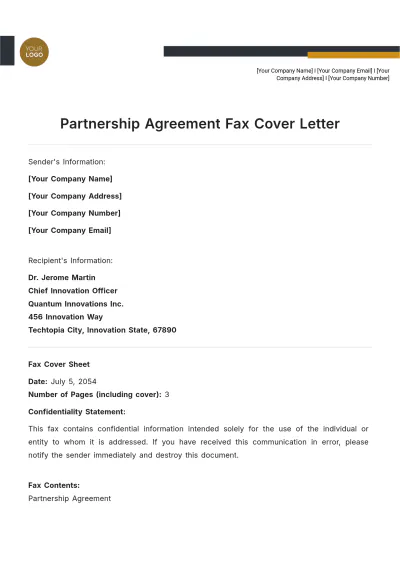 Free Partnership Agreement Fax Cover Letter to Edit Online