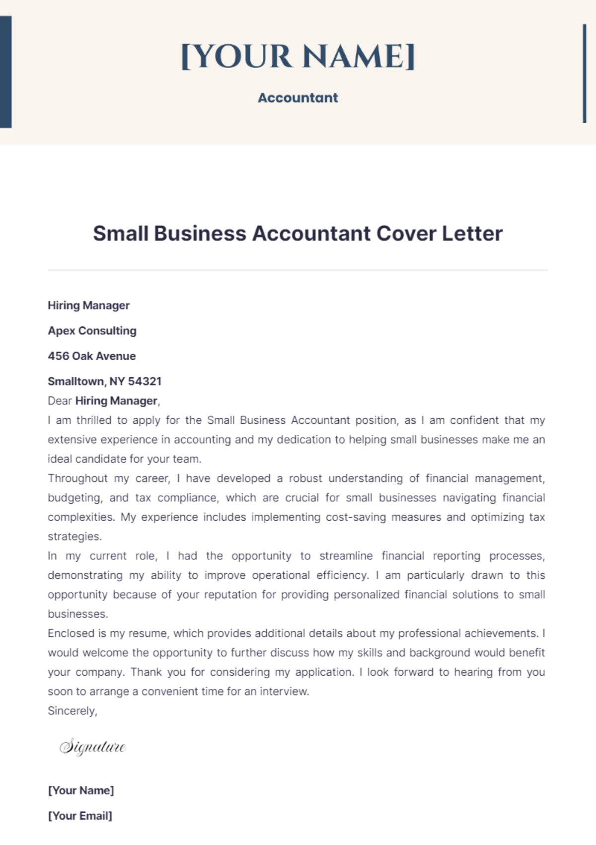 Small Business Accountant Cover Letter