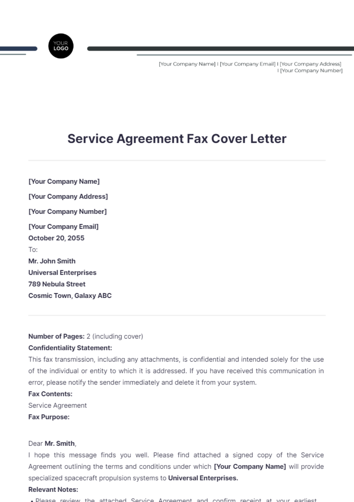 Service Agreement Fax Cover Letter - Edit Online & Download