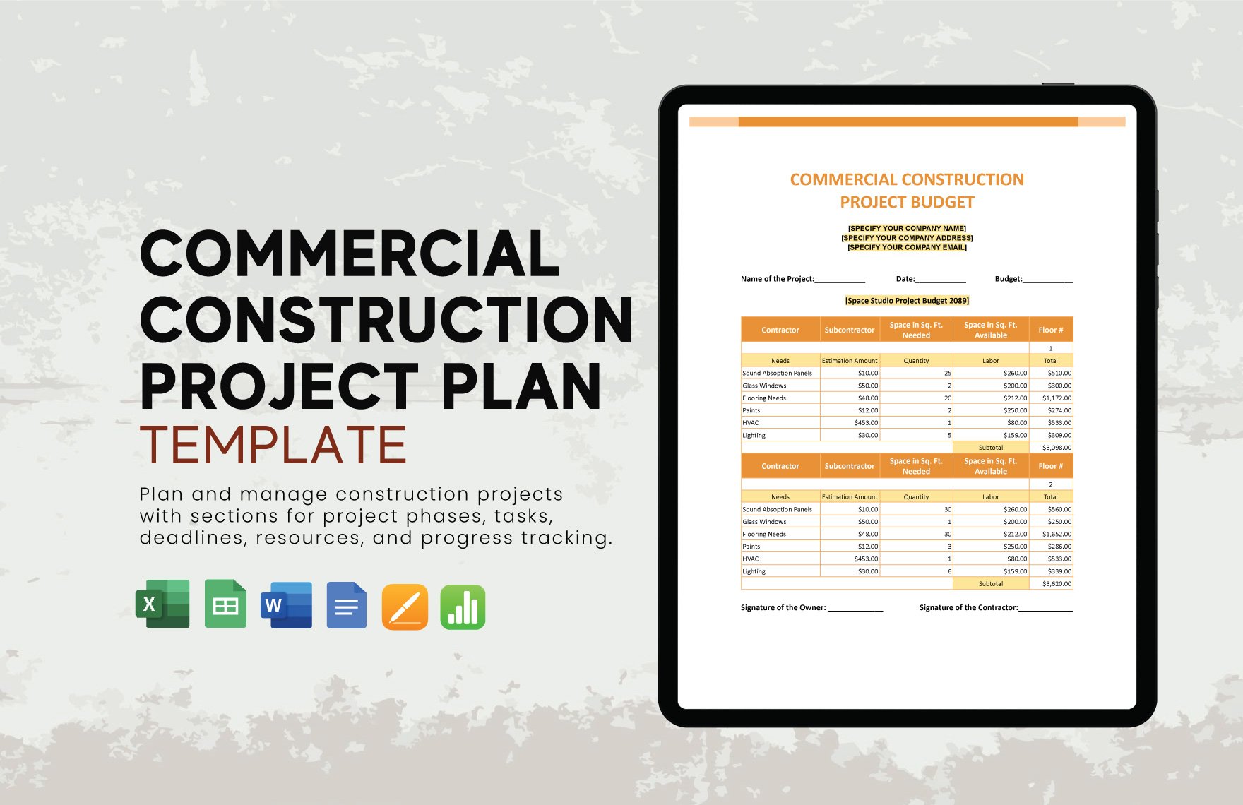 Commercial Construction Project Budget Template in Word, Google Docs, Excel, Google Sheets, Apple Pages, Apple Numbers