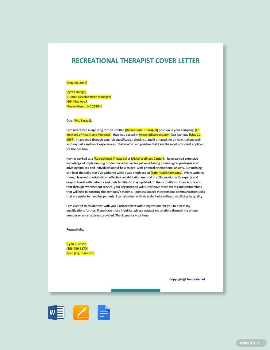Recreational Therapist Cover Letter
