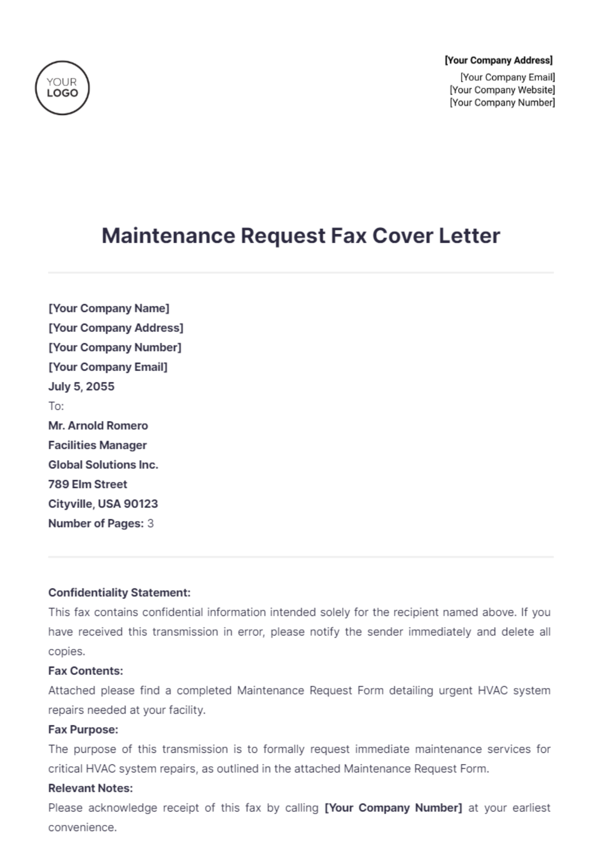 Maintenance Request Fax Cover Letter - Edit Online & Download