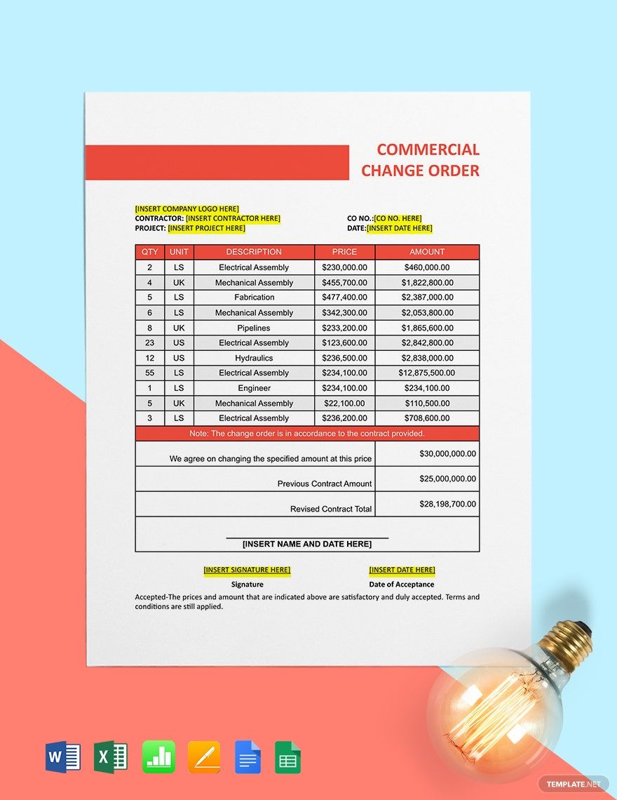 Commercial Construction Change Order Template in Word, Google Docs, Excel, Google Sheets, Apple Pages, Apple Numbers