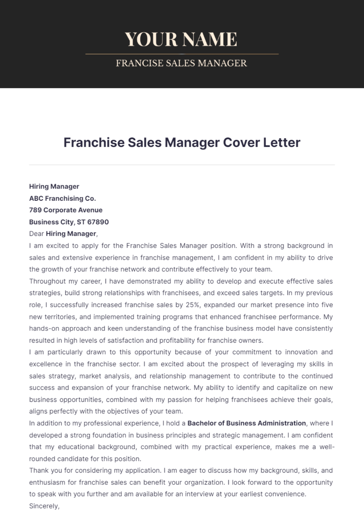 Franchise Sales Manager Cover Letter - Edit Online & Download