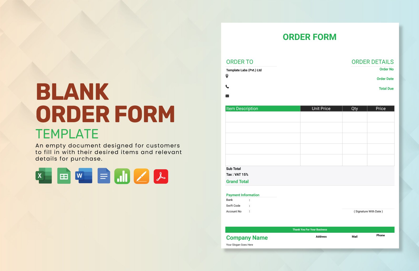 Blank Order Form Template in Word, Google Docs, Excel, PDF, Google Sheets, Apple Pages, Apple Numbers