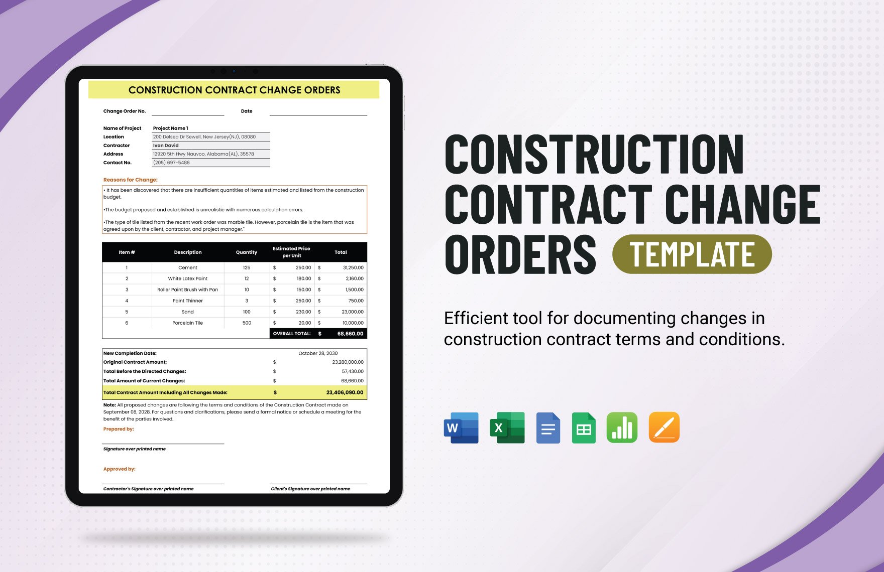 Construction Contract Change Orders Template in Word, Google Docs, Excel, Google Sheets, Apple Pages, Apple Numbers