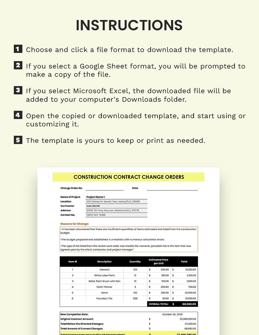 Construction Contract Change Orders Template - Google Docs, Google ...