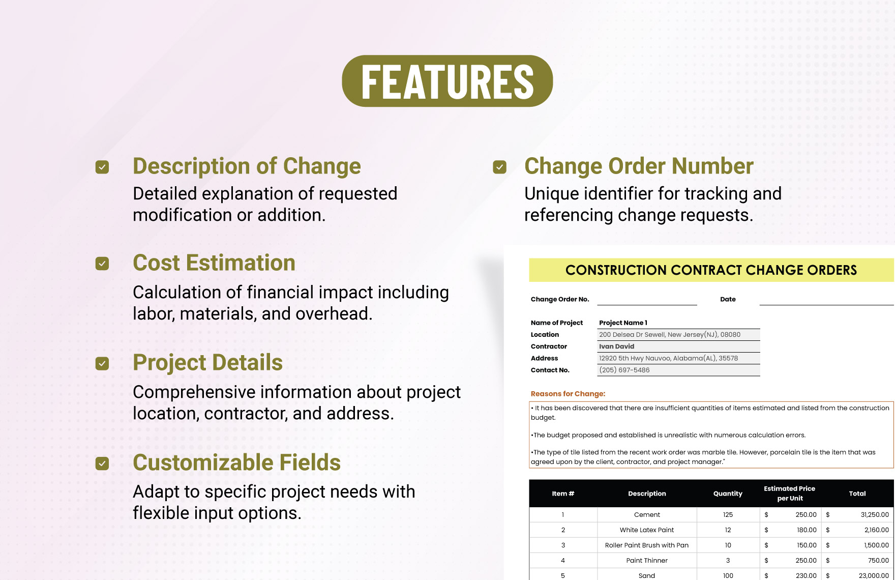 Construction Contract Change Orders Template