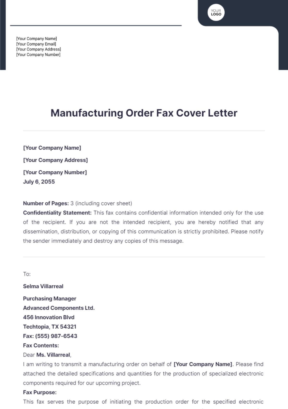 Manufacturing Order Fax Cover Letter