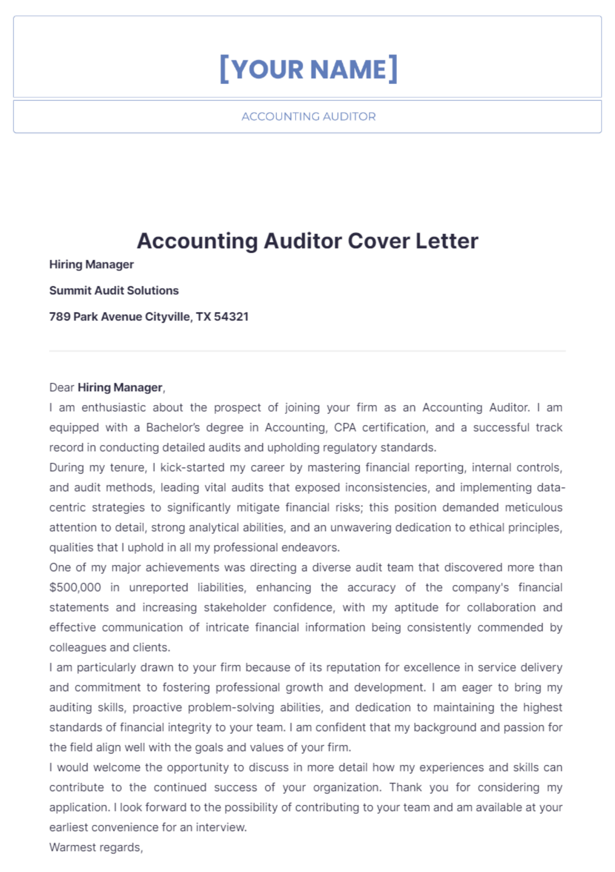 Accounting Auditor Cover Letter - Edit Online & Download