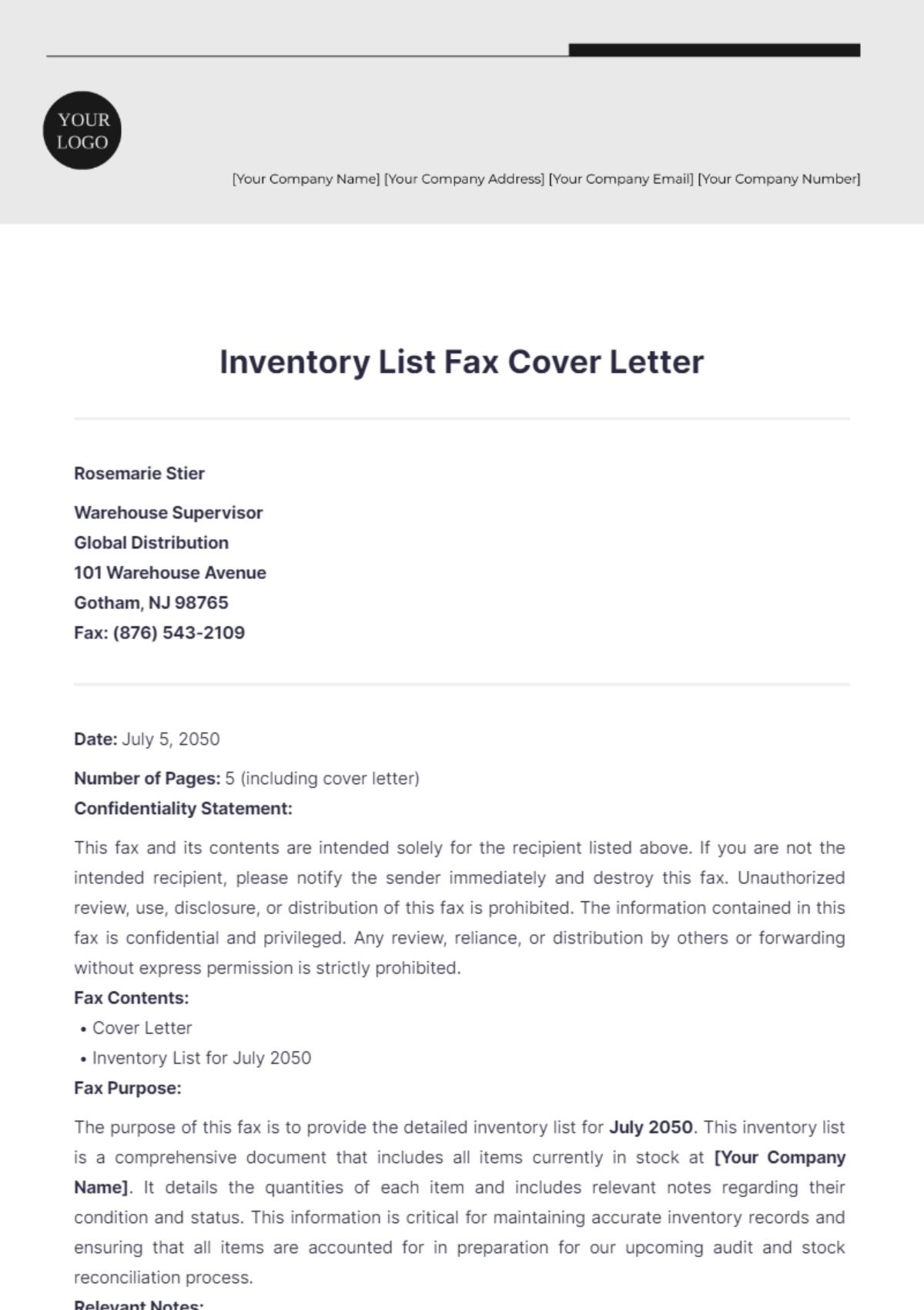 Inventory List Fax Cover Letter