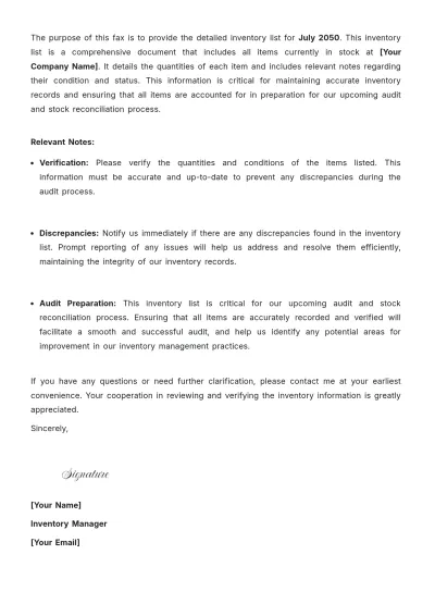 Free Inventory List Fax Cover Letter to Edit Online