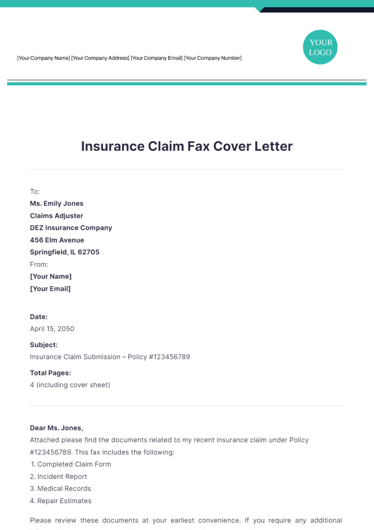 Insurance Claim Fax Cover Letter