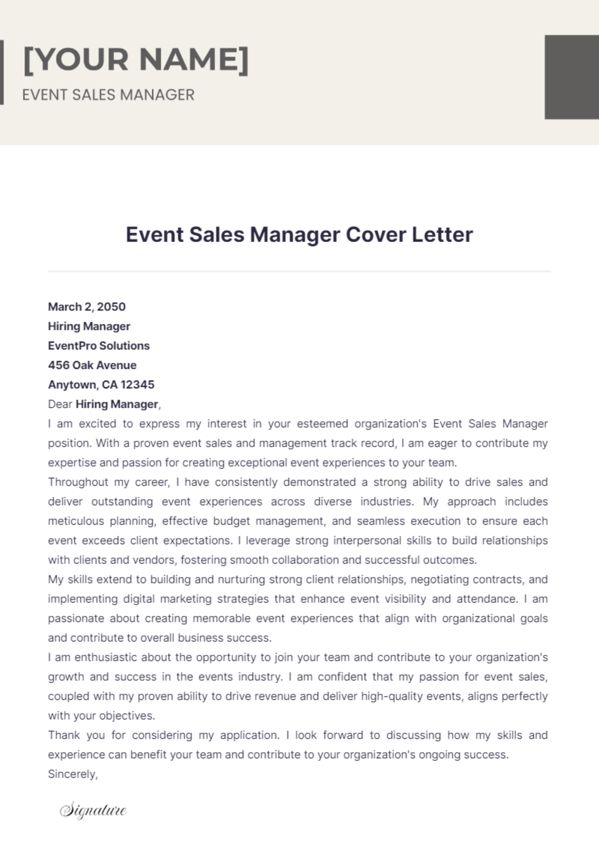 Event Sales Manager Cover Letter - Edit Online & Download