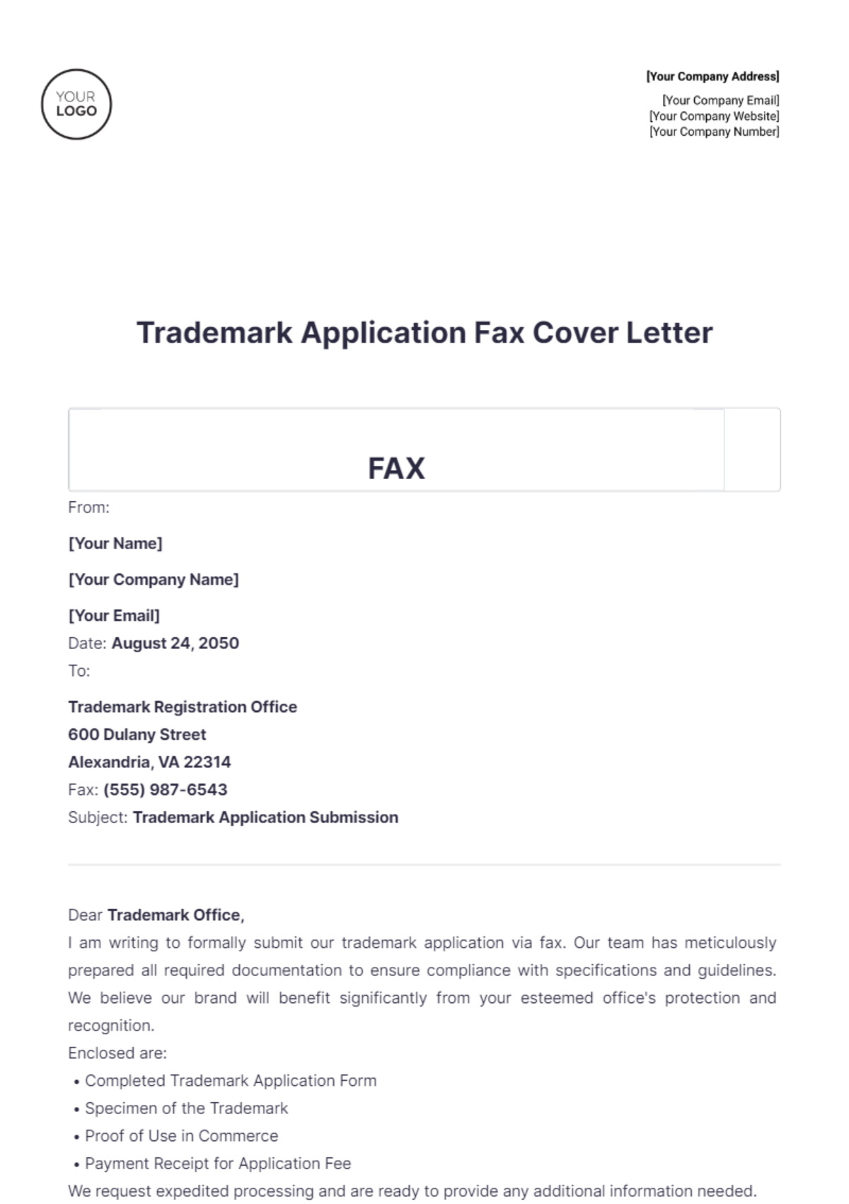 Trademark Application Fax Cover Letter - Edit Online & Download