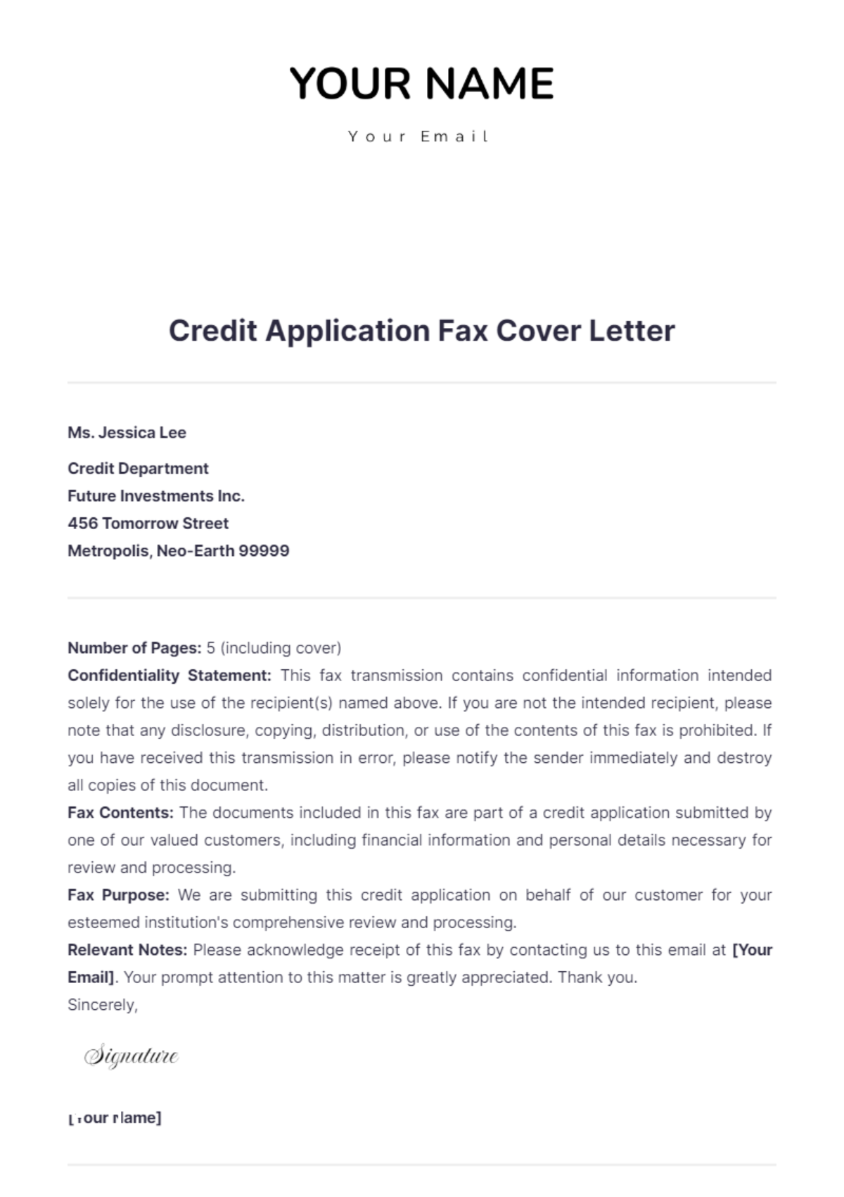 Credit Application Fax Cover Letter - Edit Online & Download