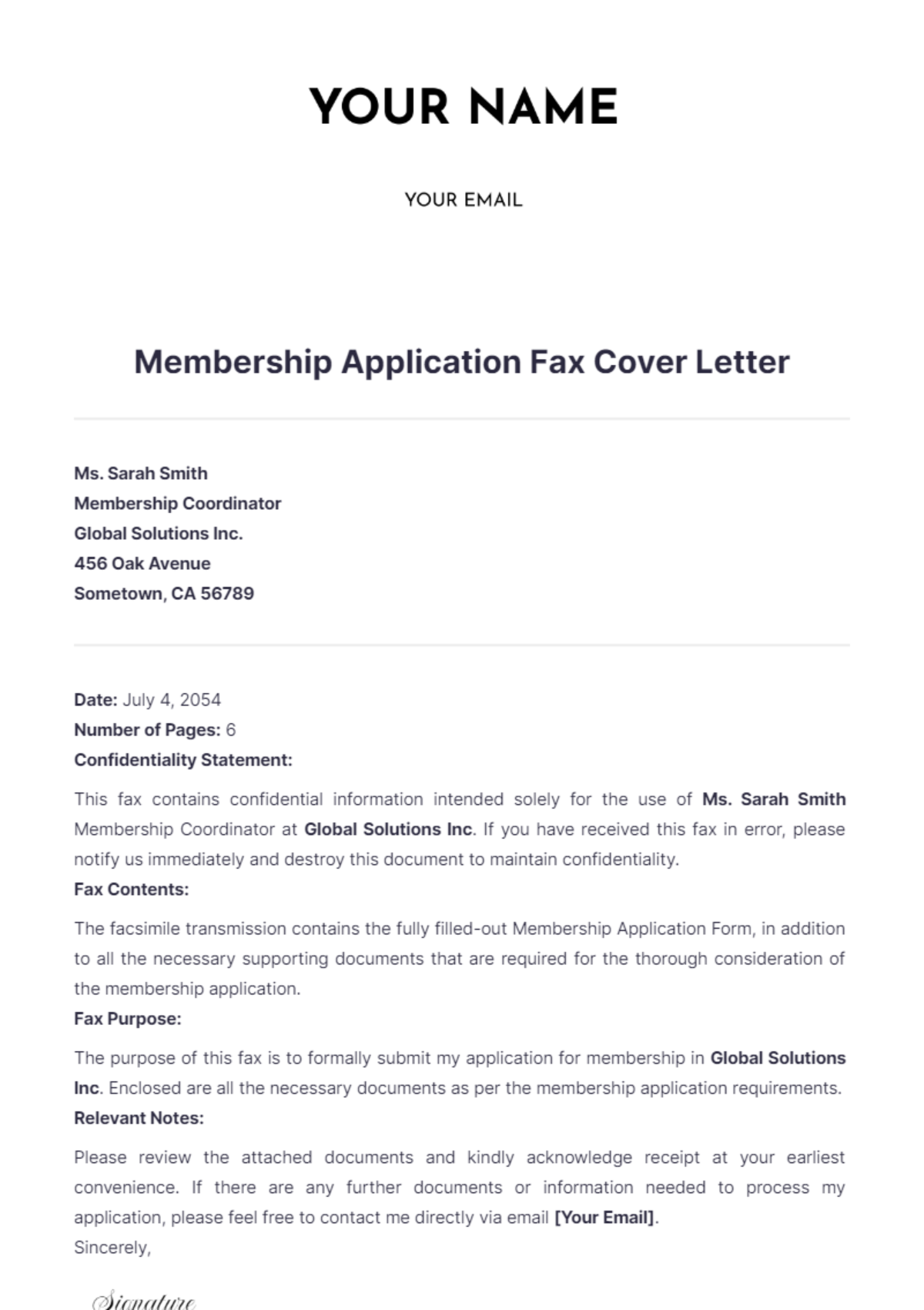 Membership Application Fax Cover Letter